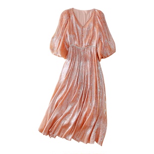 法式轻奢镶钻钉珠银丝流光溢彩真丝连衣裙2026春夏桑蚕丝礼服长裙