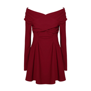 DPLAY【蜜恋衣橱系列】2026春季新款红色连衣裙女一字领礼服裙子