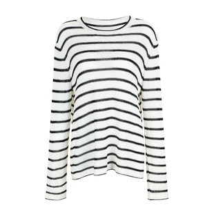 Bettychow亚麻宽黑白条纹毛织衫长袖春夏洋气轻薄百搭宽松上衣