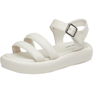 康奈女鞋夏季真皮一字扣带露趾时装凉鞋女士扣带厚底防滑鞋子