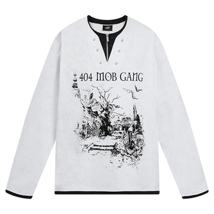 404MOB秋季新款亨利领长袖T恤男女美式复古印花半拉链假两件卫衣