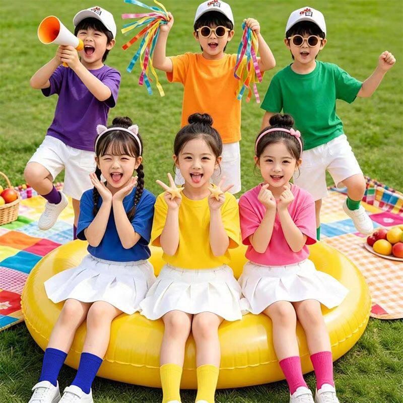 儿童糖果开学彩色纯棉短袖t恤小学生幼儿园亲子套装多巴胺演出服