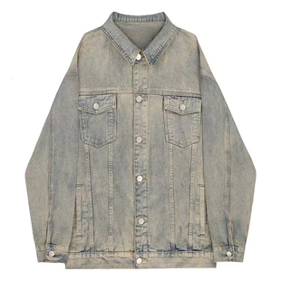 大码黄泥染chic牛仔外套女2025新款街头美式复古做旧宽松夹克上衣
