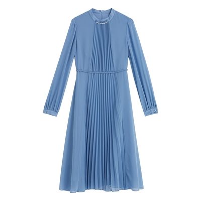 YINER音儿专选2025春季新款法式优雅收褶钉珠小立领雪纺连衣裙