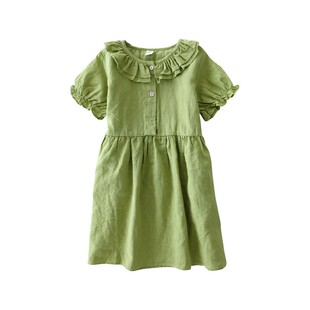 蔡爸爸童装 2026款夏装小清新绿色裙子 文艺苎麻女大童连衣裙733