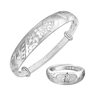 龙凤首饰套装9999纯银手镯妈妈款实心银戒指老年人实用礼物送长辈