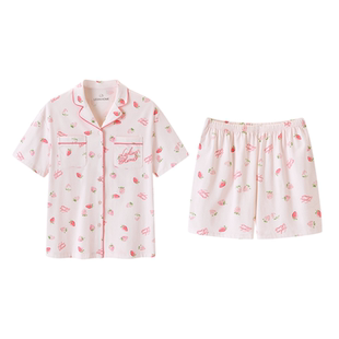 乐町草莓睡衣家居服套装26春夏女士纯棉短袖无需胸垫双口袋防凸点