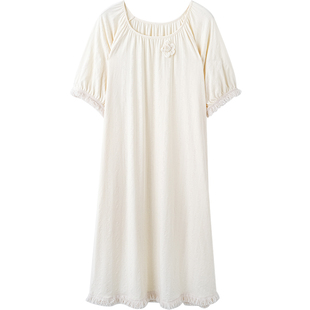 思莉太太夏天睡裙短袖女士独特绝美漂亮白色法式宽松纯棉睡衣裙子