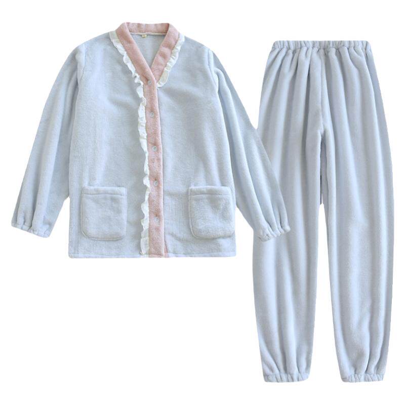 法兰绒睡衣女秋冬季珊瑚加绒加厚2024年新款网红风家居服两件套装