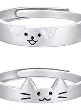 老凤祥足银小猫和小狗情侣对戒纯银一对戒指银指环生日礼物送女友