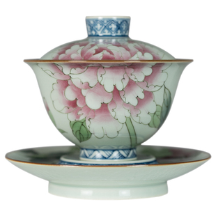 圣山仿古手绘青花五彩牡丹盖碗中式陶瓷复古茶具三才盖碗泡茶盖碗