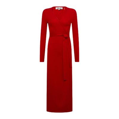 DVF枫叶红V领长袖针织裹身裙