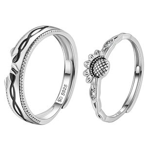 SD向日葵与太阳情侣对戒S925纯银开口小众设计钻戒纪念送女友礼物