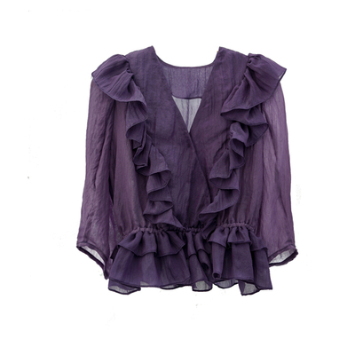 天丝紫色V领泡泡袖荷叶边雪纺衫