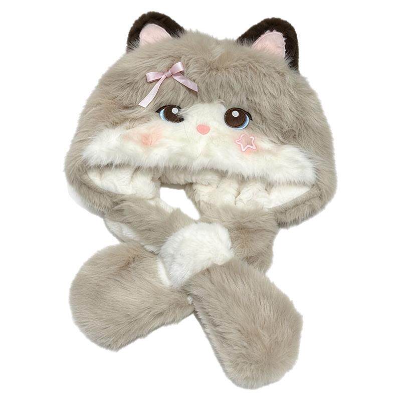 冬季女款猫咪毛绒围巾一体护耳帽