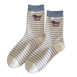 不会丢的袜子 白色可爱卡通中筒袜女秋冬纯棉日系条纹无骨堆堆袜