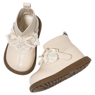 英贝米尼女童公主鞋秋冬新款软底袜鞋防滑蝴蝶结幼儿园宝宝学步鞋