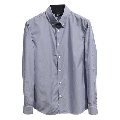 140支双股纱!轻奢系秋季高支棉蓝白竖条合身版长袖衬衫 府绸衬衣