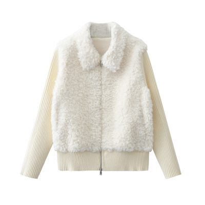 JIUJIU设计感假两件针织拼接仿羊羔毛外套女冬季小个子短款上衣