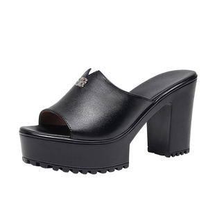 超高跟拖鞋女鱼嘴外穿粗跟10cm黑白色试衣间一字拖防水台厚底凉鞋