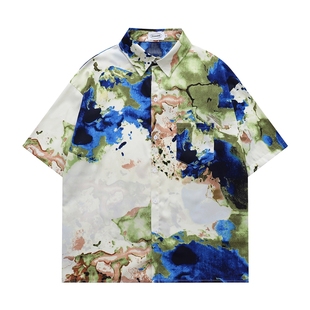 TRAVEL ISLAND 随意泼洒 潮牌高街抽象水墨油画满印薄款短袖衬衫