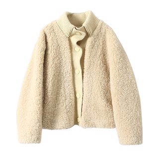 淘么淘 绒绒暖暖 小众设计感针织立领拼接仿皮毛一体羊羔毛外套女