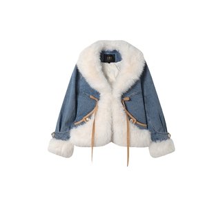 白鹿语仿毛领拼接羽绒服冬季新款90鸭绒时尚气质牛仔长袖外套女