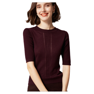 轻薄款短袖纯羊毛针织衫圆领中袖内搭薄款毛衣五分袖酒红色打底衫