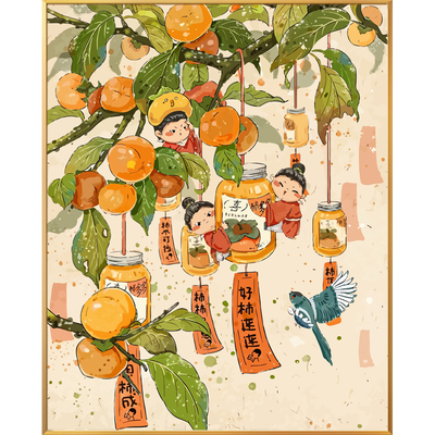 柿柿如意新中式diy手绘客厅装饰