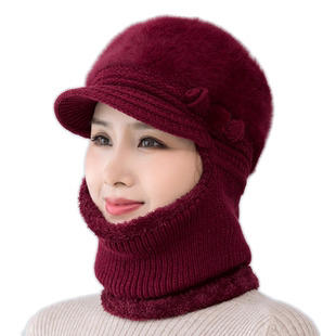冬天帽子女士连体帽中老年人保暖妈妈加绒厚毛线帽防风帽骑车围脖