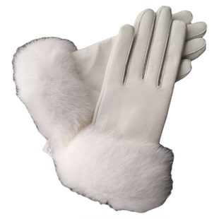 冬季去看雪吧 女士真皮真毛手套大毛口白色羊皮兔毛冬季加绒保暖