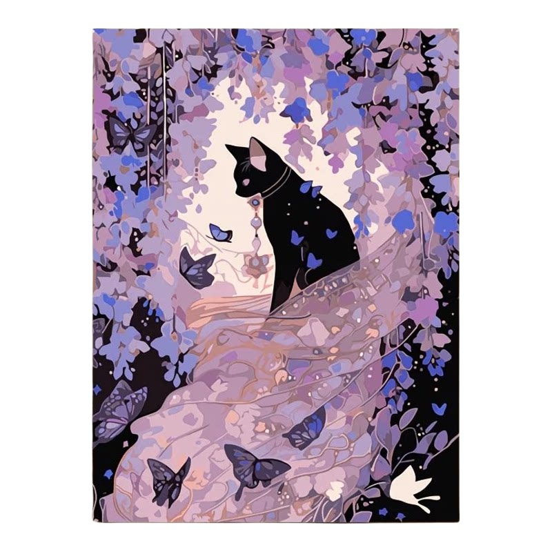 紫色蝴蝶猫咪治愈风diy数字油画