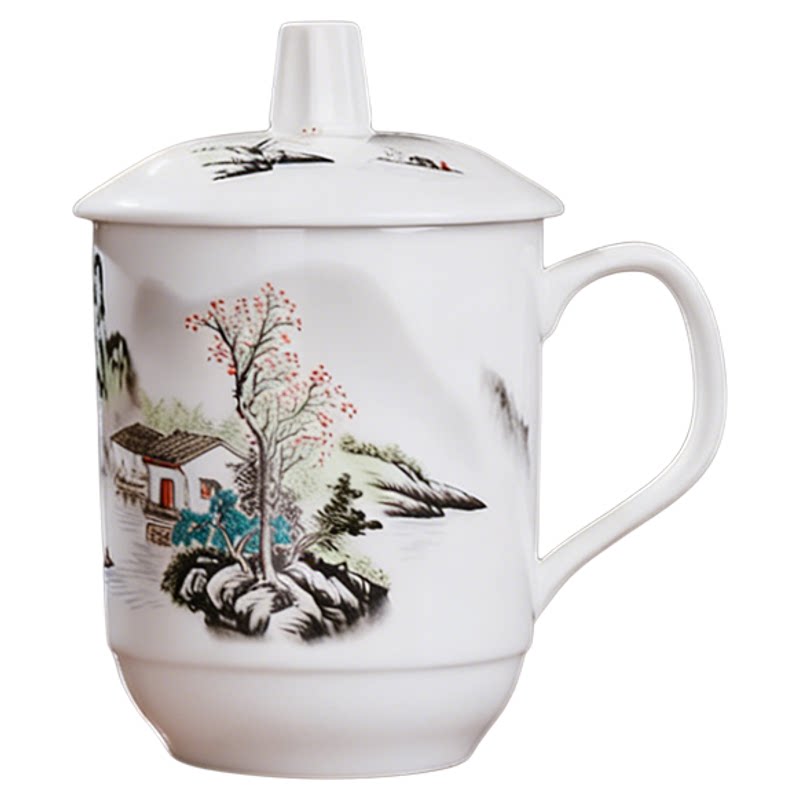 景德镇陶瓷茶杯带盖青花瓷水杯办公会议杯家用棋牌室陶瓷水杯团购