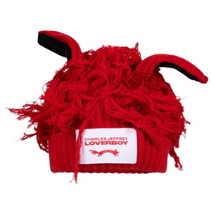 Charles Jeffrey LOVERBOY 25FW 红色毛绒流苏立体兔耳毛线针织帽