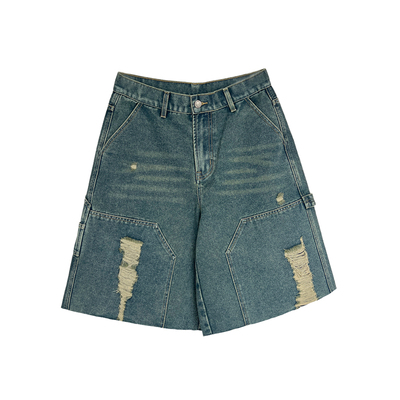 夏季破洞复古做旧水洗七分牛仔裤