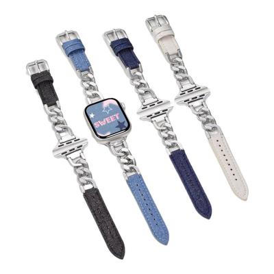 适用iwatch牛仔皮拼金属细款表带