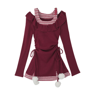 织物猪 圣诞初雪 甜欲风红色连衣裙女冬季新年穿搭露肩针织短裙子