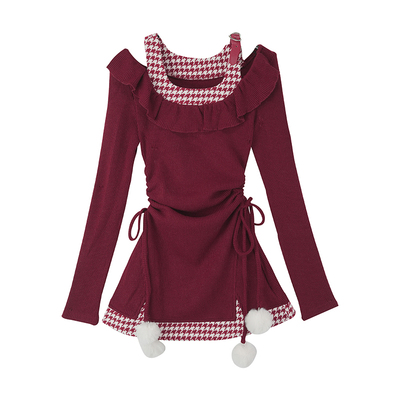 织物猪 圣诞初雪 甜欲风红色连衣裙女冬季新年穿搭露肩针织短裙子