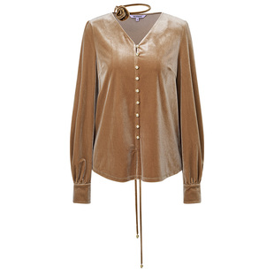 【SGPR】凡戴克棕穿搭香料色立体花V领丝绒衬衫上衣2026春季新款