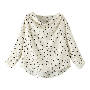 晚白2026年春新款时尚波点荡领上衣系带收腰大码设计感衬衫女