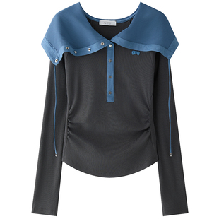 N·MORE设计师品牌 春装韩系淡人系穿搭白色拼接蓝锻连帽针织衫