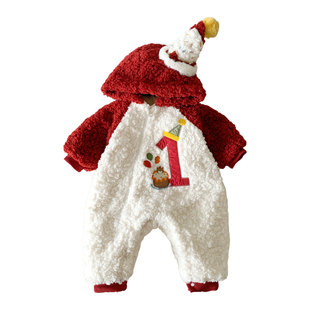 宝宝周岁衣服冬季婴儿夹棉连体衣加绒保暖冬装幼儿喜庆外出爬爬服