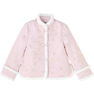 安奈儿童装女童短款棉衣2026春新款夹棉保暖提花新中式保暖厚款