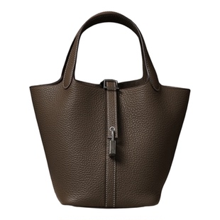 H菜篮子 真皮手工缝蜡线女包包进口TC头层牛皮荔枝纹手提水桶包