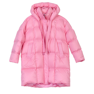 诗梦女装冬季甜美粉色连帽中长款宽松羽绒服外套休闲减龄白鸭绒