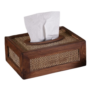 实木复古藤编纸巾盒家用客厅茶几桌面收纳盒创意草编新中式抽纸盒