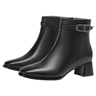 KISSCAT接吻猫新款气质粗跟真皮短靴复古老钱风黑色靴子女