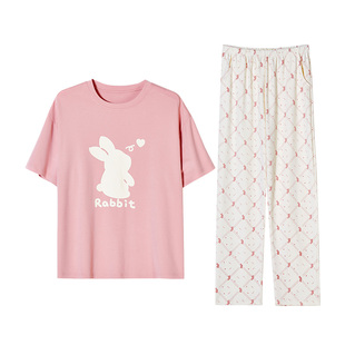 达尔丽针织纯棉睡衣女款2025新款夏季圆领短袖长裤女士家居服休闲