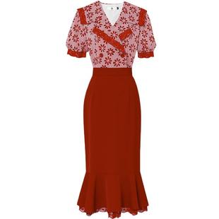 夏季女装2026新款气质红色印花衬衫衬衣包臀裙长裙裙子套装潮