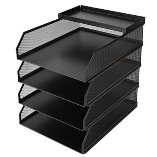 得力文件盘文件座五层金属网纹文件框档案整理资料A4收纳架置物文件筐多层黑色文件架文件夹收纳盒办公用品